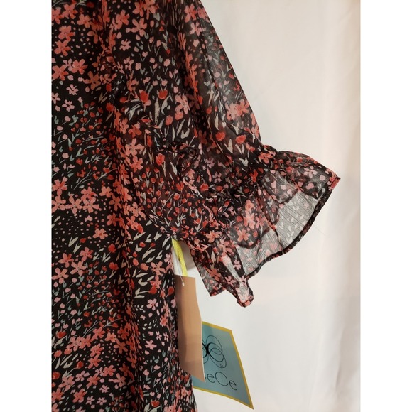 Women's Cece Black Floral Ruffled Short Sleeve Dress Size 10 - Picture 3 of 4